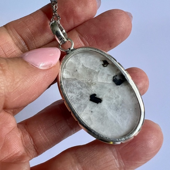 925 INSANE FLASH Labradorite on Moonstone w/ Black Tourmaline! pendant Necklace - Picture 6 of 7
